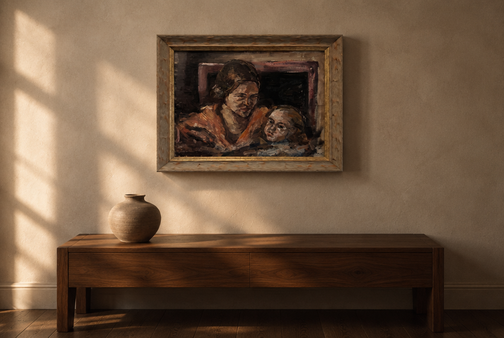 The Constant oil hung above a walnut console in a quiet room